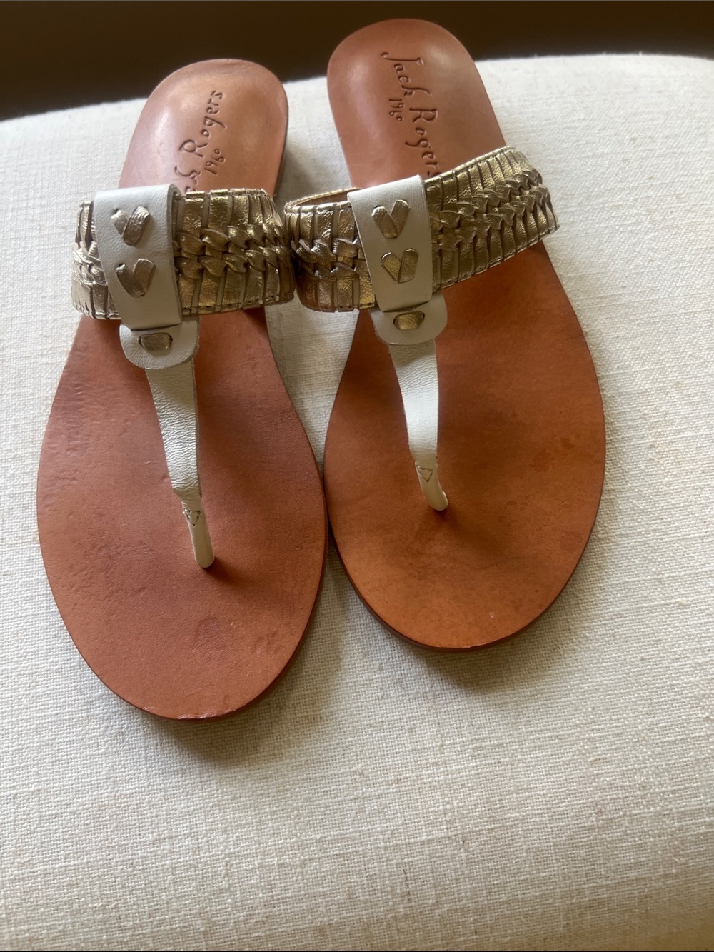 Jack Rogers White and Metallic Braided Thong Leather Sandals